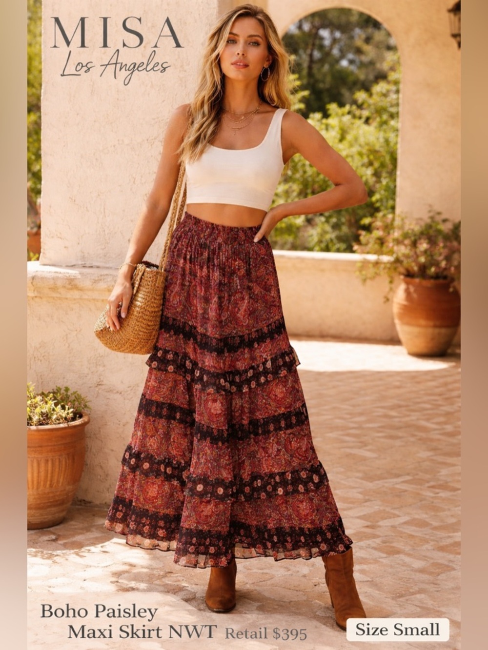 Misa L.A. / Mia Burgundy & Black Boho Paisley Tiered Maxi Skirt - Sz S - NWT